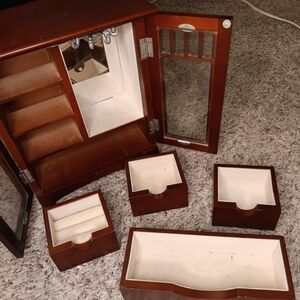 Vintage Wooden Jewelry Box with Mirror